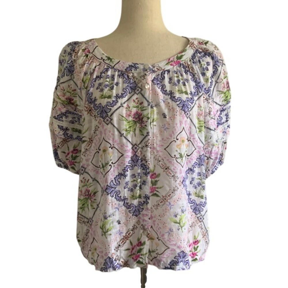 Jane & Delancey Floral Rayon Blouse L French Girl Anthropologie Boho Romantic